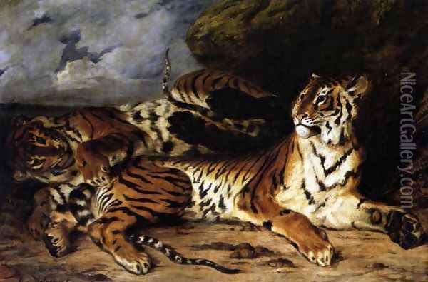 A Young Tiger Playing with its Mother 1830 Oil Painting - Eugene Delacroix