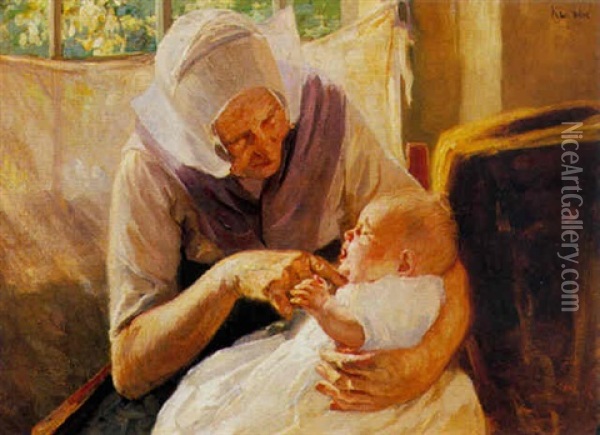 Shushing The Baby Oil Painting - Hendrik Maarten Krabbe