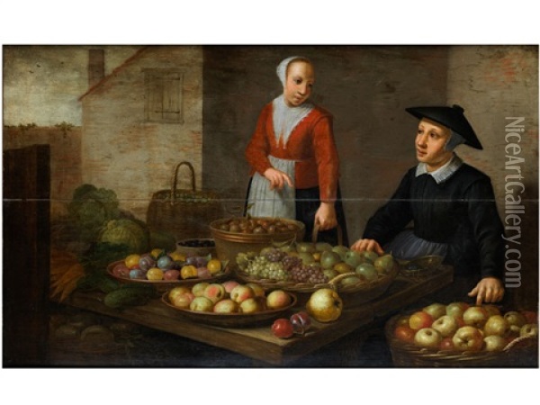 Junge Magd Beim Einkauf An Einem Obststand Oil Painting - Floris Gerritsz. van Schooten