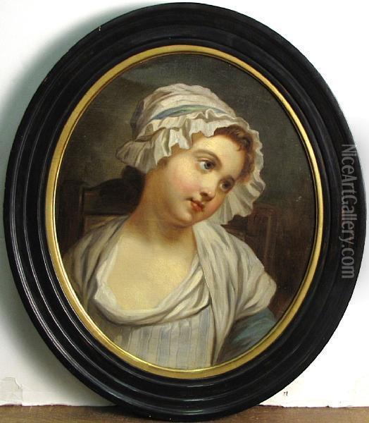 A Portrait Of A Young Girl Seated In A White Bonnet Oil Painting - Jean Baptiste Greuze
