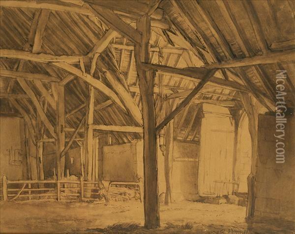A Barn Interiorsepia Oil Painting - Thomas Barclay Hennell