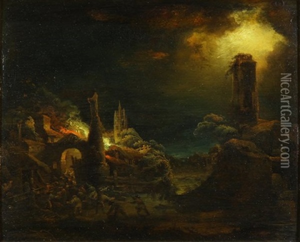 A Moonlit Landscape With A Burning Village Oil Painting - Aert van der Neer