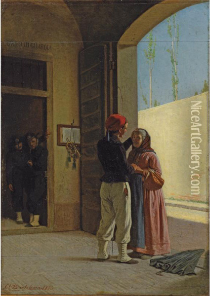 Le Retour Du Soldat [ ; The Return Of The Soldier ; Oil On Three Pieces Of Panel ; Signed And Dated Lower Left Ce Bartolena 1874] Oil Painting - Cesare Bartolena