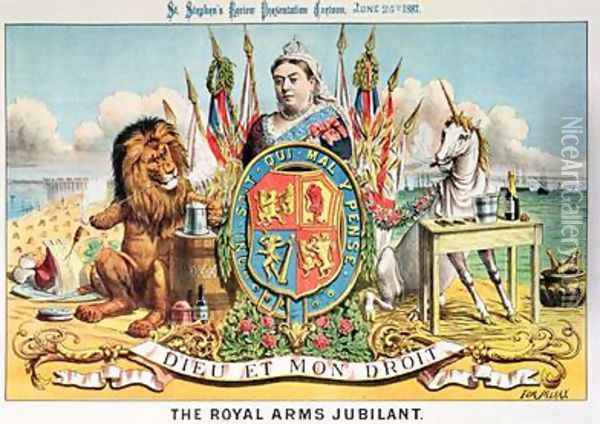 The Royal Arms Jubilant from St Stephens Review Presentation Cartoon 25 June 1887 Oil Painting - Tom Merry