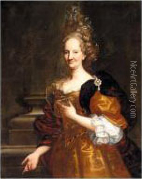 Portrait Of A Lady, Three-quarter Length, Wearing A Gold Dress, Standing Before A Column Oil Painting - Dalle, Il Mulinaretto Giovanni Maria Piane