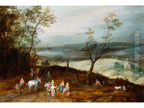 Weite Hugelige Landschaft Mit Rast Auf Der Landstrase Oil Painting - Jan Brueghel the Younger