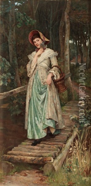 Ung Kvinna Pa En Bro Oil Painting - William A. Breakspeare