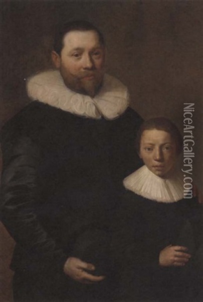 Double Portrait Of A Father And A Son, The Gentleman Holding A Black Hat In His Right Hand, His Son, Aged 11, Also Holding A Black Hat In His Right Hand Oil Painting - Jacob Gerritsz Cuyp