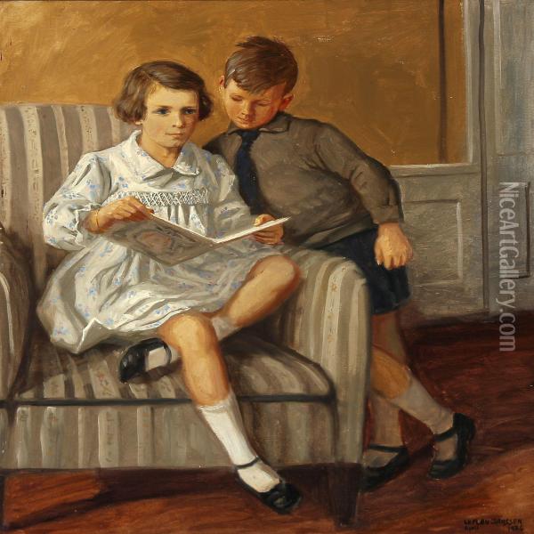 Interior With Two Reading Children Oil Painting - Luplau Janssen