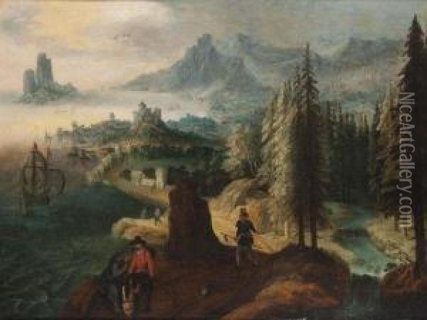 Promeneurs Sur Un Chemin Dominant Un Rivage Oil Painting - Tobias van Haecht (see Verhaecht)