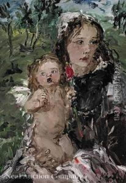 A Mother And Child In Agarden Oil Painting - Aurel Naray