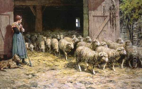 A Shepherdess and her Flock Oil Painting - Theophile Louis Deyrolle