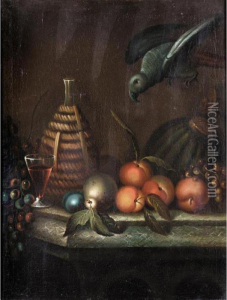 Still Life With A Glass Of Wine 
And A Flagon, Together With Grapes, A Melon, Peaches, Plums , An Apple, A
 Pear And A Parrot Oil Painting - William Sartorius
