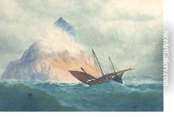 A xebec off a rocky Mediterranean outcrop Oil Painting - William Roxby Beverley