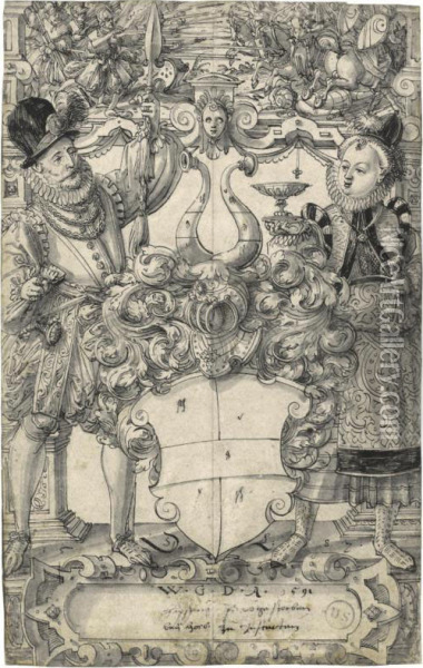 The Arms Of Habsberg Flanked By An Elegant Couple Oil Painting - Daniel Jungere Der Lindtmayer