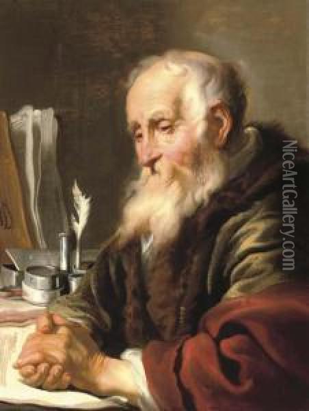 An Elderly Scholar At His Desk Oil Painting - Jacob Adriaensz Backer