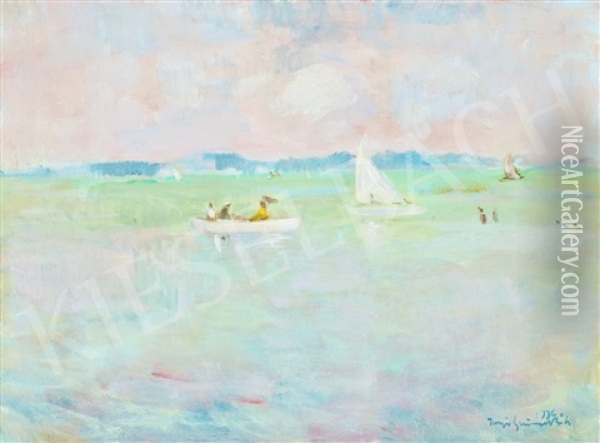 Lake Balaton With Sailing Boats Oil Painting - Bela Ivanyi Gruenwald