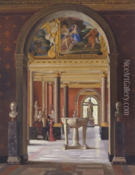 Ungt Velklaedt Par, Der Betragter Marmorskulpterer. Interior Fra Louvre Oil Painting - Edmund Grasset