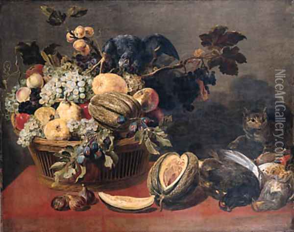 A parrot perched on a basket of fruit Oil Painting - Frans Snyders