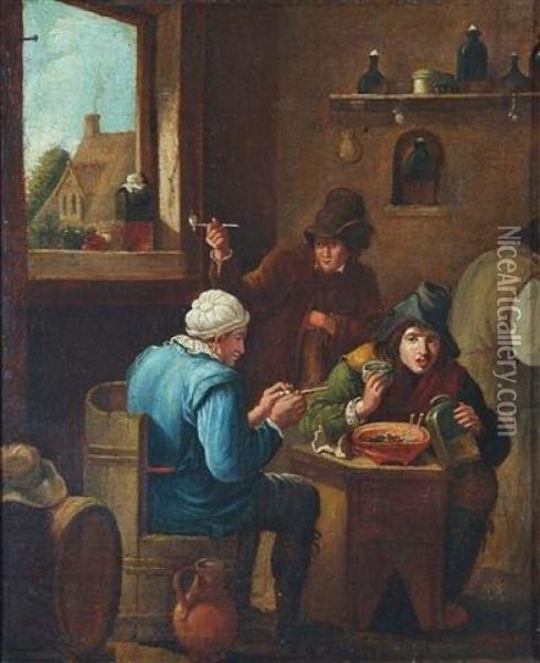 A Tavern Interior With Peasants Smoking Around A A Table Oil Painting - Adriaen Jansz. Van Ostade