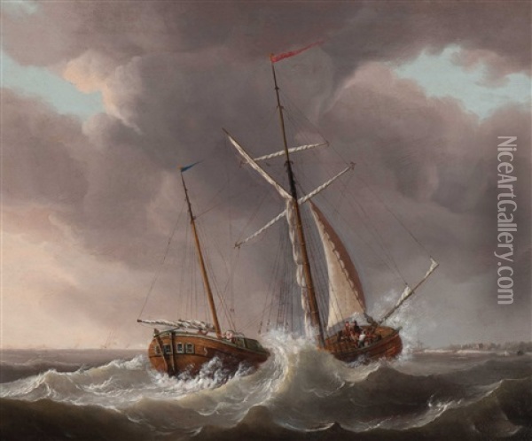 Two-master On A Rough Sea Oil Painting - Nicolas Baur