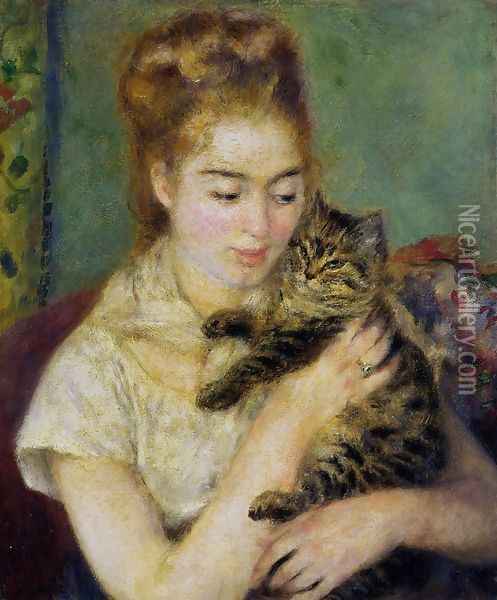 Woman With A Cat Oil Painting - Pierre Auguste Renoir