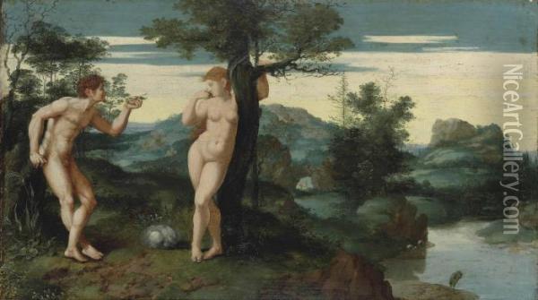 Adam And Eve In The Garden Of Eden Oil Painting - Jan Swart Van Groningen
