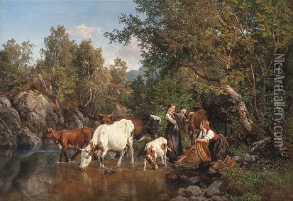 By The Watering Place 1858 Oil Painting - Axel Ender