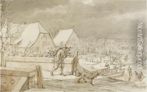 Winter Landscape, With A Woodcutter And His Dog Crossing A Bridge Oil Painting - Jacob Cats