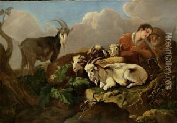 Pastori Ed Armenti In Unpaesaggio Collinare Oil Painting - Govaert Gabriel Van Der Leeuw
