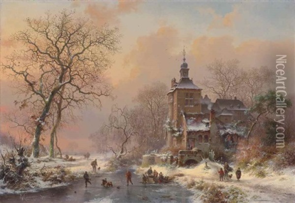 Winter Landscape With Skaters On A Frozen River Oil Painting - Frederik Marinus Kruseman