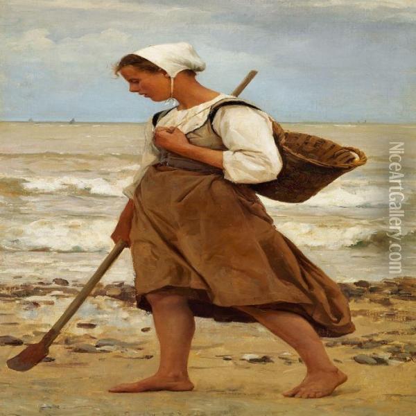 A Fisherman'sdaughter On The Beach Oil Painting - Laurits Regner Tuxen