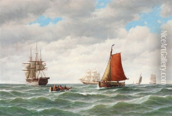 Seascape With A Dutch Warship, Sailing Ships And A Fishing Boat Oil Painting - Carl Ludwig Bille