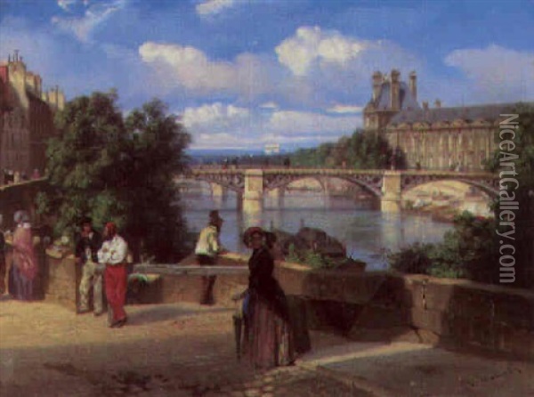 Elegant Figures By The Pont Des Arts, With The Palais Du Louvre Beyond, Paris Oil Painting - Louis Matout