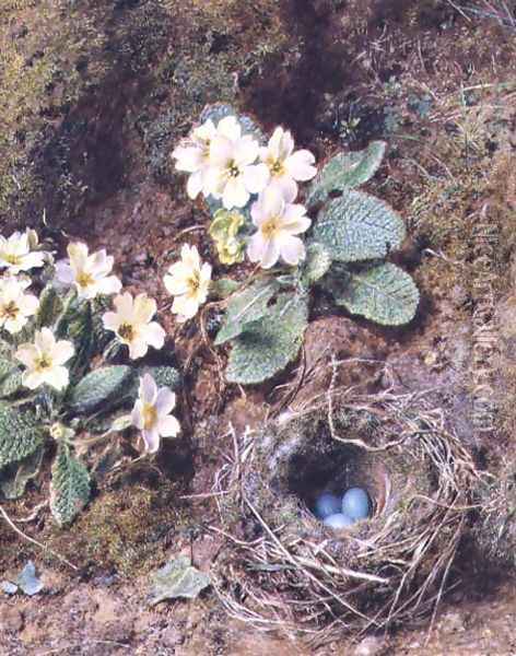 Primroses and Birds Nest with Three Blue Eggs Oil Painting - William Henry Hunt