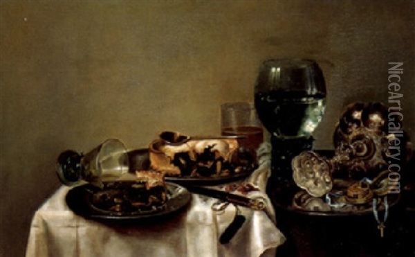 Still Life With Two Pies, Spoon, Fob Watch And Other Objects On A Draped Table Oil Painting - Willem Claesz Heda