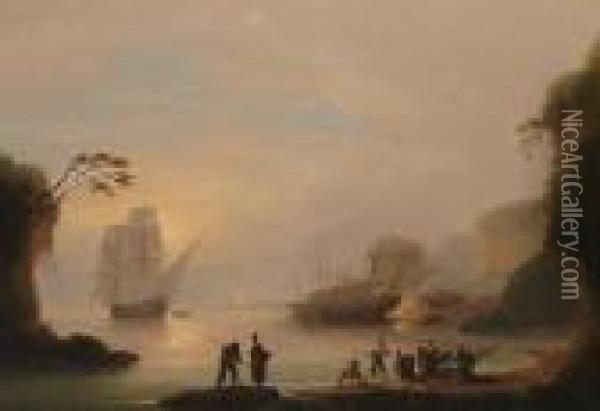 Ships In A Harbour With Fisherfolk In The Foreground. Oil Painting - Thomas Luny