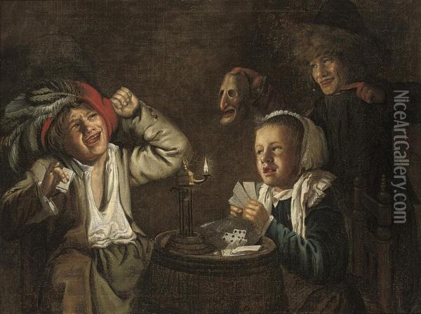 An Interior With Children Playing Cards By Candlelight Oil Painting - Judith Leyster
