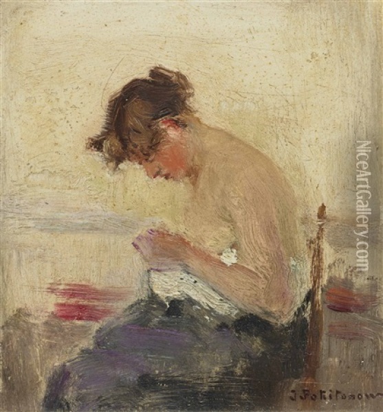 Woman Sewing Oil Painting - Ivan Pavlovich Pokhitonov