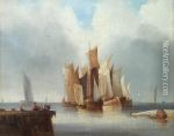 Fishing Boats At The Entrance To A Harbour Oil Painting - Alfred Stannard