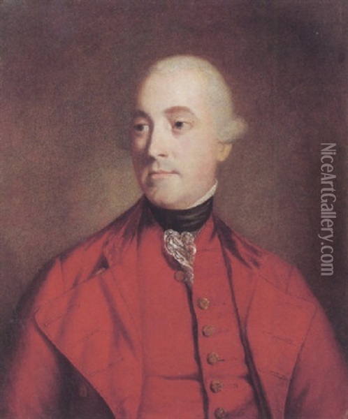 Portrait Of A Gentleman (john Campbell, Fifth Duke Of Argyll?) Wearing A Red Coat And Matching Waistcoat Oil Painting - Thomas Beach