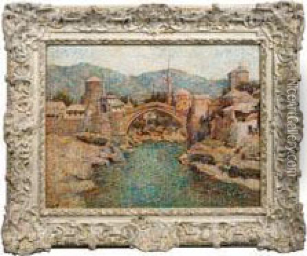 Alte Brucke In Mostar Oil Painting - Spiro Bocarie