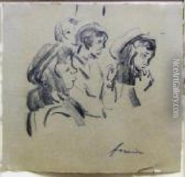 Study Of Four Girls Heads Oil Painting - Jean-Louis Forain