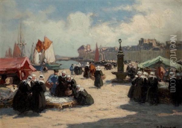 Le Marche A Concarneau Oil Painting - Henri Alphonse Barnoin