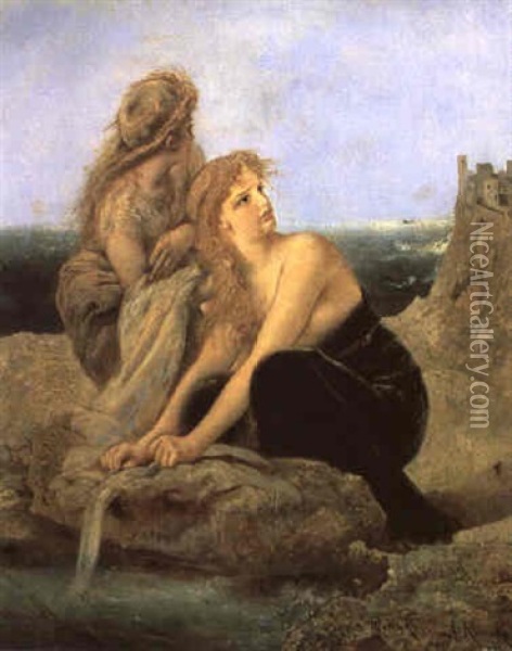 Zwei Waschende Frauen Am Meer Mit Burgruine Oil Painting - Anton Romako