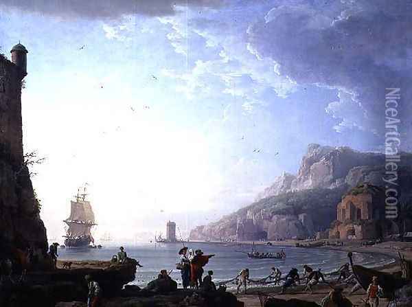 Morning scene in a bay, 1752 Oil Painting - Claude-joseph Vernet