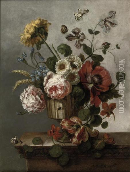 Roses, Cornflowers, Tulips And Other Flowers In An Urn Oil Painting - Petrus Josephuss De Wit