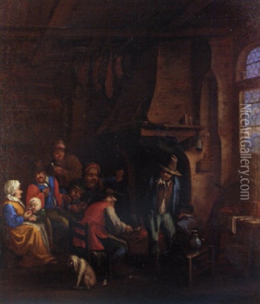 Peassants Gathered At A Fireside In An Interior Oil Painting - Dirk Helmbreker