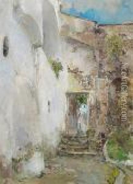 A View Of A Mediterranean Courtyard; Also A Landscape With A Woman Foraging (2) Oil Painting - Giuseppe Casciaro