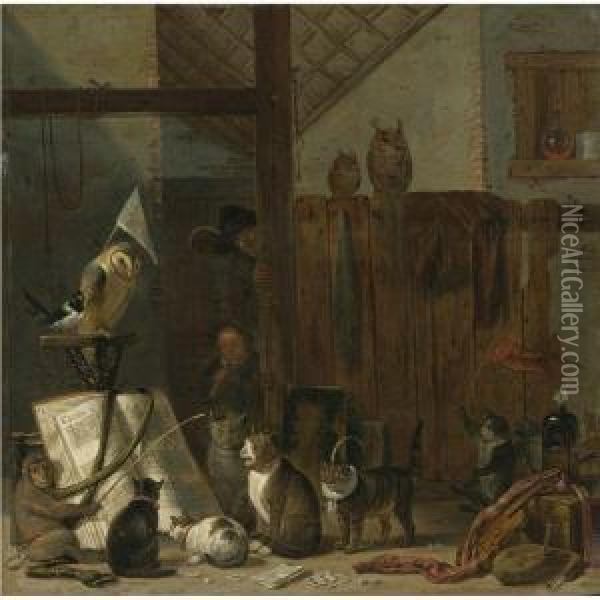 A Concert Of Cats, Owls, A Magpie, And A Monkey In A Barn Oil Painting - Cornelis Saftleven